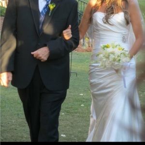 White satin strap lace rushed wedding dress. Mermaid style, custom side bussel